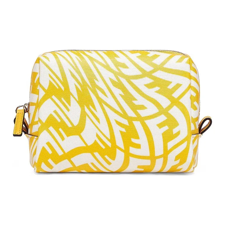 FENDI Cotton-Polyurethane Calfskin Toiletry Bag Clutch Makeup Bag Small Size Women's Yellow-0