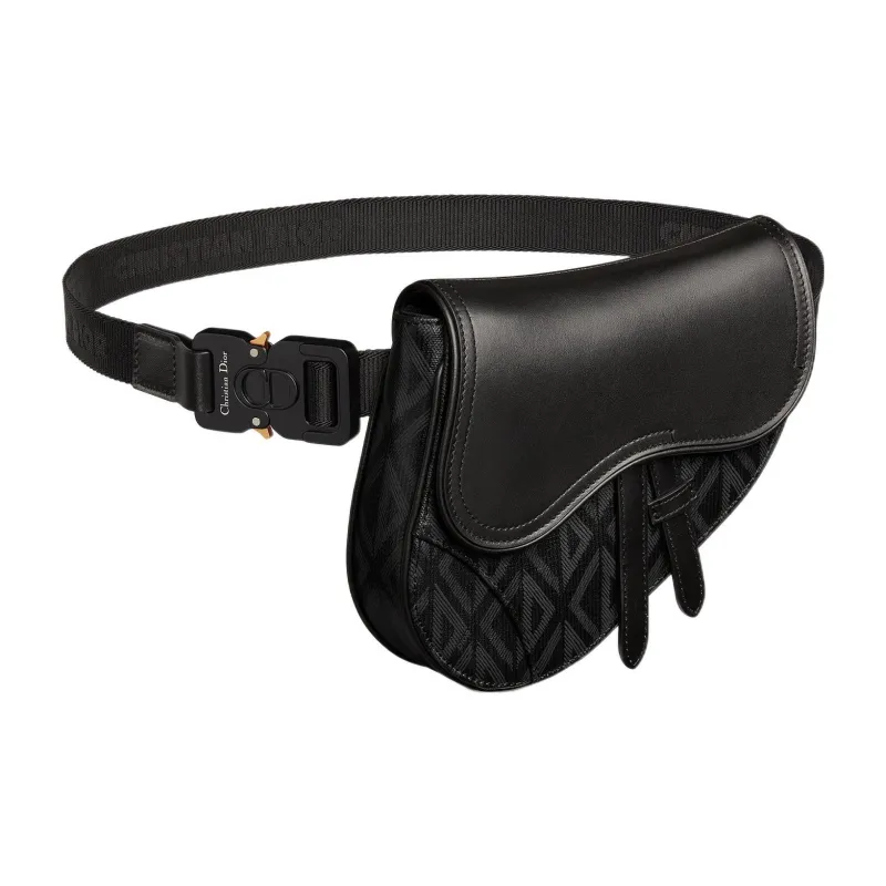 DIOR Black Canvas Smooth Cow Leather Saddle Bag Fanny Pack Portable Crossbody Bag Shoulder Bag Mini Men's Black-2