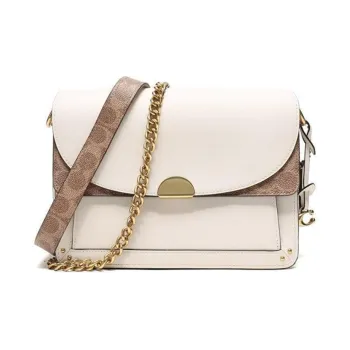 COACH Canvas With Leather One Shoulder Crossbody Chain Bag Large Size Women's White & Brown Monogram
