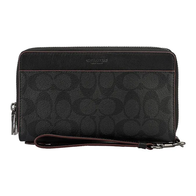 COACH Double Zip Wallet Coated Canvas With Leather Card Holder, Wallet Men's Black-1
