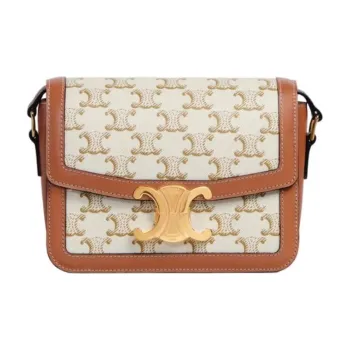CELINE Triomphe Arc De Triomphe Canvas With Leather Shoulder Bag, Portable Crossbody Bag Medium Size Women's White