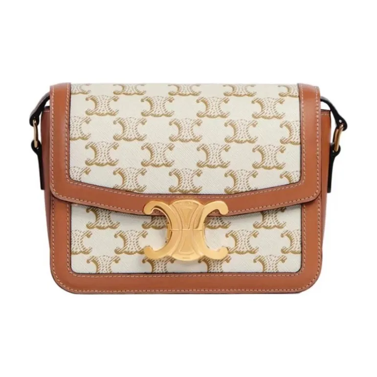 CELINE Triomphe Arc De Triomphe Canvas With Leather Shoulder Bag, Portable Crossbody Bag Medium Size Women's White-0