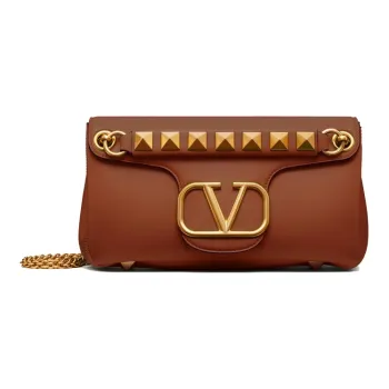 Valentino STUD SIGN Soft Sheepskin Baguette Bag Shoulder Bag Crossbody Bag Small Size Women's Saddle Brown