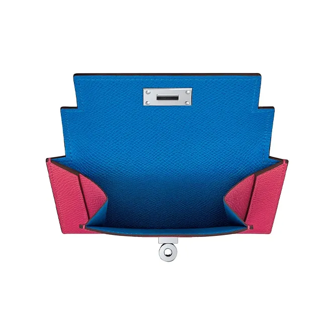HERMES Kelly Pocket Cow Leather Wallet Women's Bright Pink/Shansiba Island Blue-2