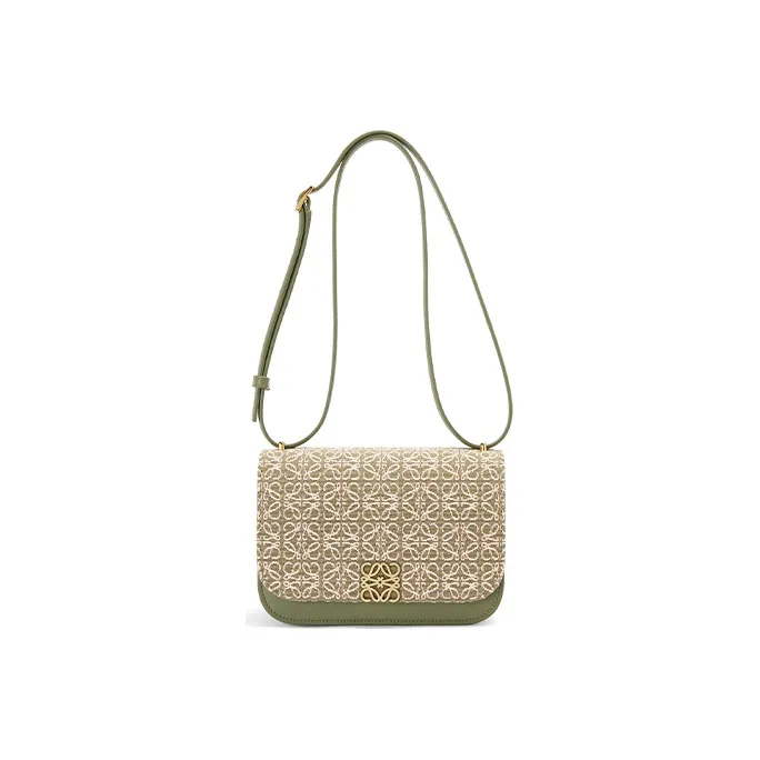LOEWE Goya Jacquard Fabric With Calfskin One Shoulder Handbag Crossbody Bag Small Size Women's Green/Avocado Green-3