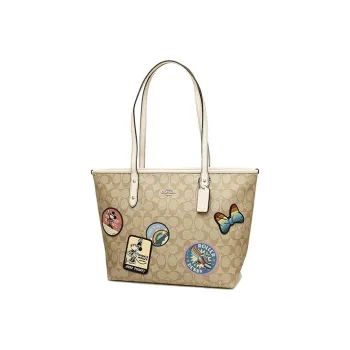 COACH X Disney City Zip Tote Canvas With Leather Tote Bag, Shopping Bag, Shoulder Bag Women's Khaki