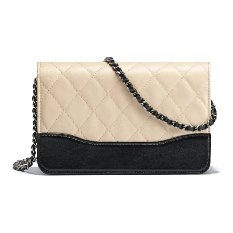 CHANEL Calfskin Wallet, Shoulder Bag Women's Black & Beige-2