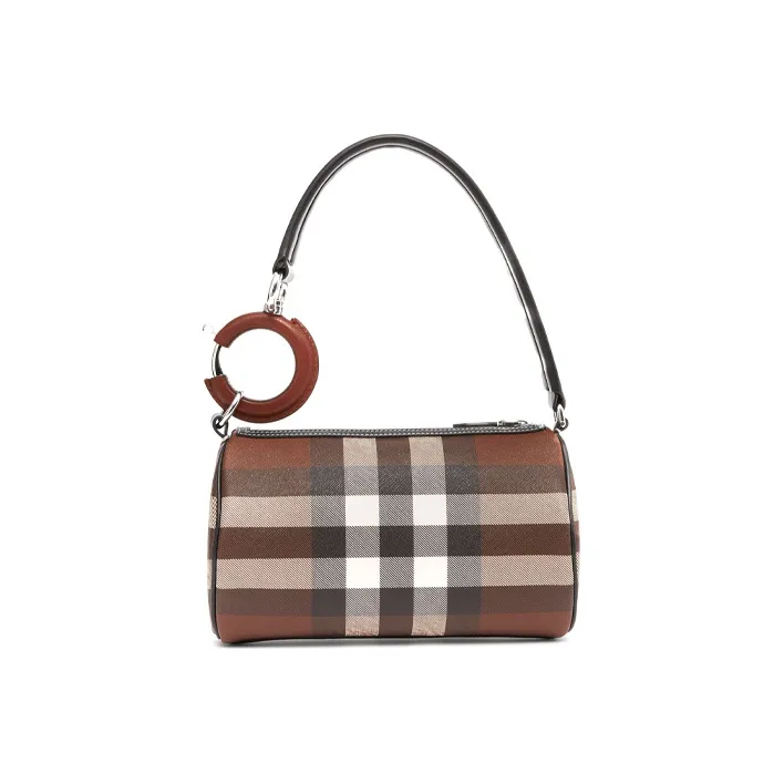 Burberry Plaid Patchwork Leather Cylinder Bag Handbag Shoulder Bag Women's Dark Birch Brown-1