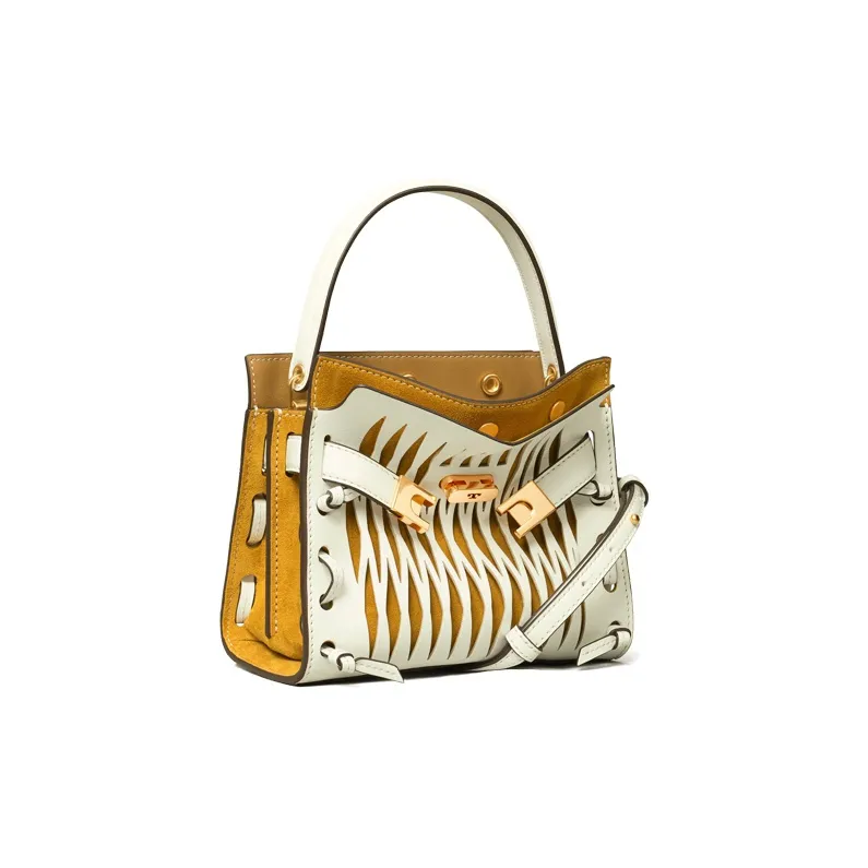 TORY BURCH Lee Radziwill Suede With Leather Shoulder Bag, Crossbody Bag Small Size Women's White Yellow-1