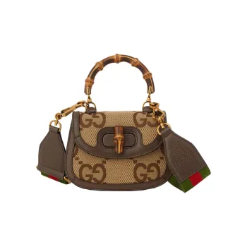 GUCCI Bamboo 1947 Canvas With Leather Trim Bamboo Bag Canvas Bag, Handbag, Shoulder Bag Mini Women's Ebony/Camel/Brown