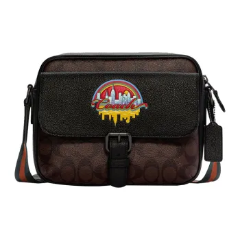 COACH Hudson Canvas With Leather Shoulder Bag Crossbody Bag Medium Size Men's Dark Brown & Black