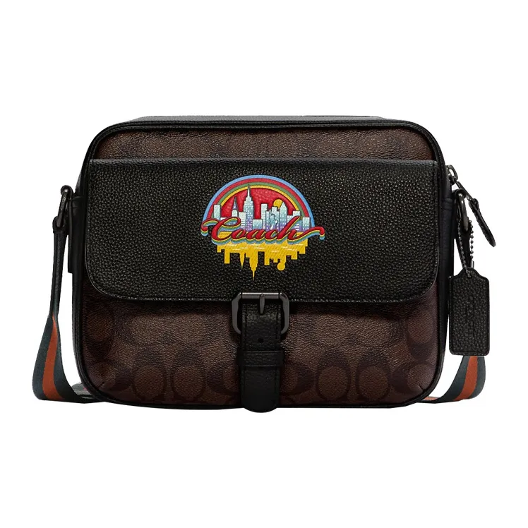 COACH Hudson Canvas With Leather Shoulder Bag Crossbody Bag Medium Size Men's Dark Brown & Black-0