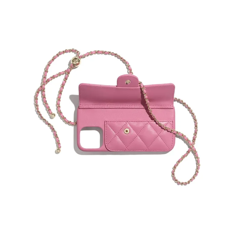 CHANEL Sheepskin & Metal Cell Phone Pouch Unisex Pink-1