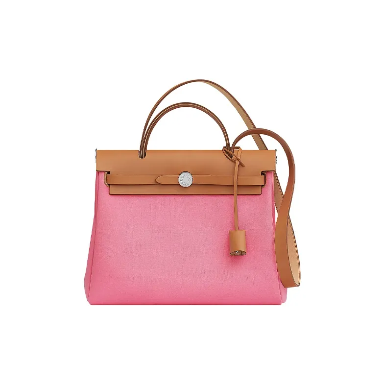 HERMES Herbag Zip Reversible Canvas Cow Leather Handbag Shoulder Bag Crossbody Bag Women's AJ Pink-0