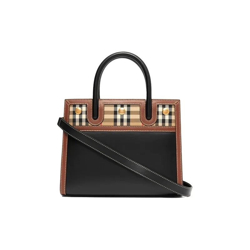 Burberry Leather And Vintage Check Two handle Title Bag Mini Black/Multi-3