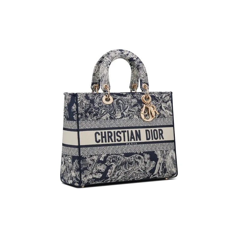 DIOR Lady Dior Embroidery Dior Bag Shoulder Bag Crossbody Bag Handbag Large Size Women's Blue-1
