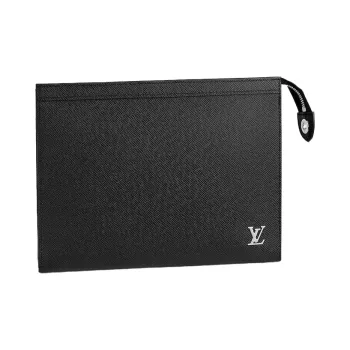 LOUIS VUITTON Pochette Voyage Taïga Cow Leather Clutch Toiletry Bag, Toiletry Bag Medium Size Men's Black