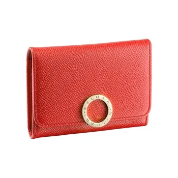 BVLGARI Grained Calfskin With Lambskin Accents Card Holder Women's Red