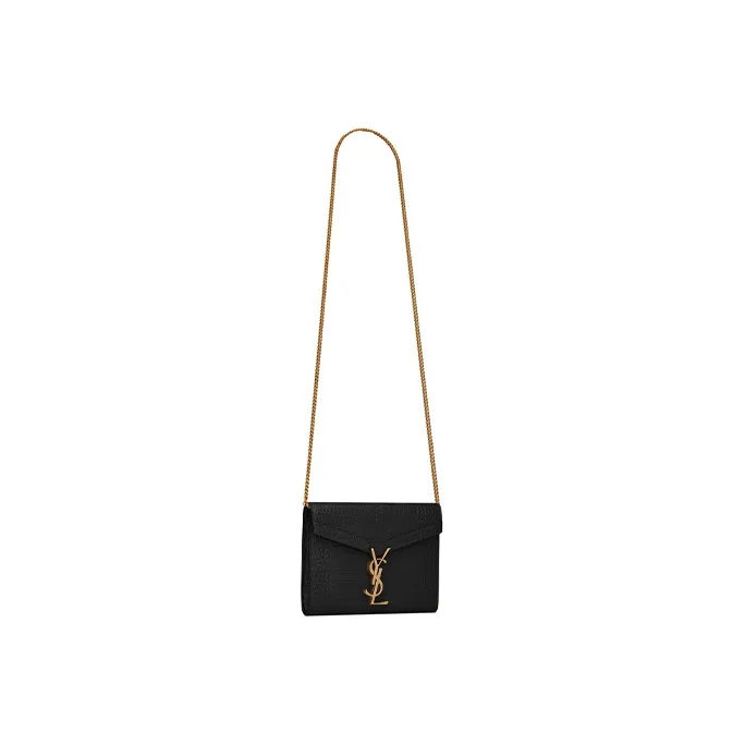 SAINT LAURENT Crocodile Embossed Bright Leather Chain Wallet, Envelope Bag, Crossbody Bag, Shoulder Bag Women's Black-2