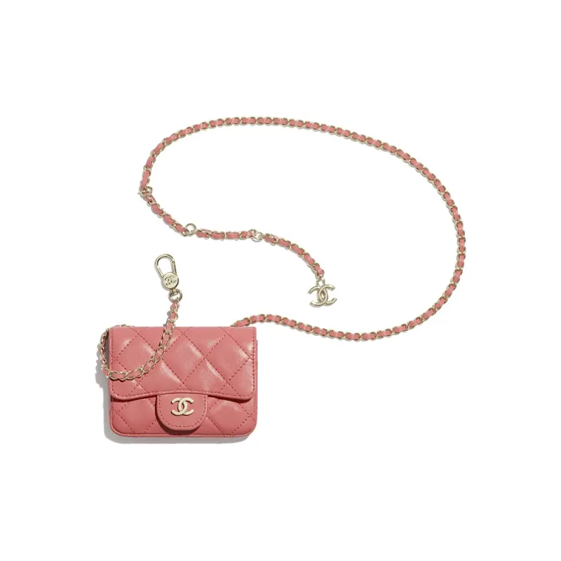 CHANEL Lambskin & Gold Metal Card Holder Waist Chain Fanny Pack Women's Coral-1