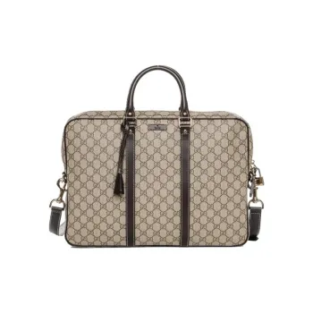 GUCCI Canvas With Leather Briefcase One Shoulder Crossbody Canvas Bag Handbag Men's Ebony & Brown