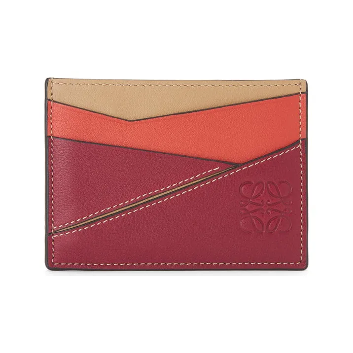 LOEWE Puzzle Calfskin Card Holder Women's Dark Red & Sand Dune-0