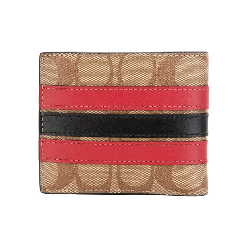 COACH Boxed Artificial Leather With Leather Keychain Wallet Gift Box Set Men's Red & Khaki-2