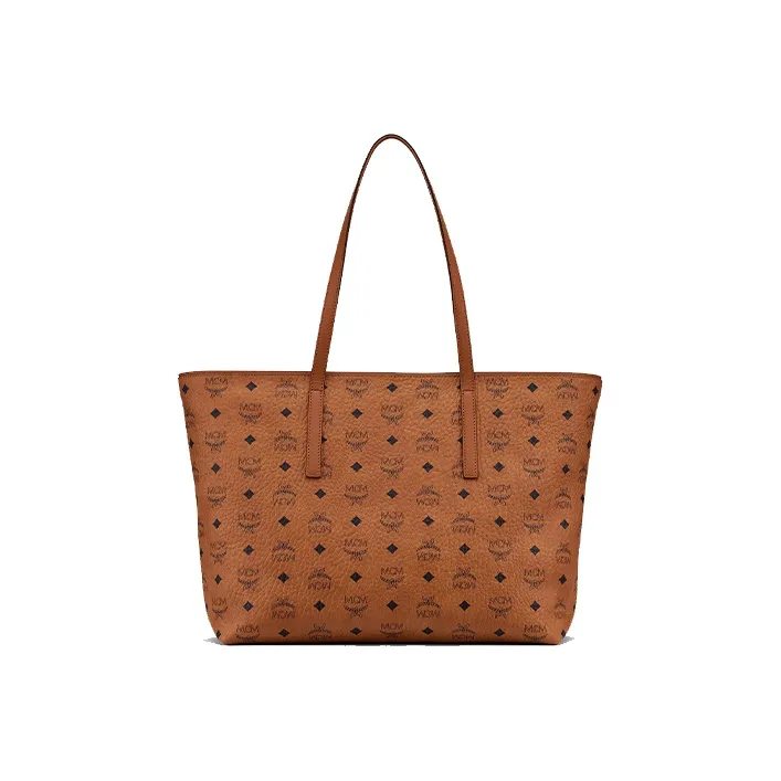 MCM Visetos Artificial Leather Tote Bag, Shopping Bag, Shoulder Bag, Handbag Medium Size Women's Brown Cognac-4