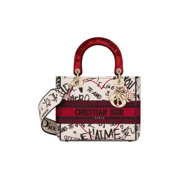 DIOR Lady Dior Embroidery Dior Bag Shoulder Bag Crossbody Bag Handbag Medium Size Women's White/Red