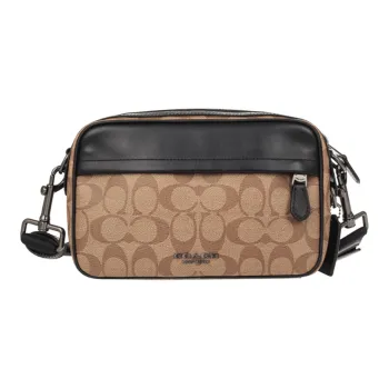 COACH Graham Canvas With Leather Camera Bag Shoulder Bag Crossbody Bag Medium Size Men's Black & Khaki Brown Monogram