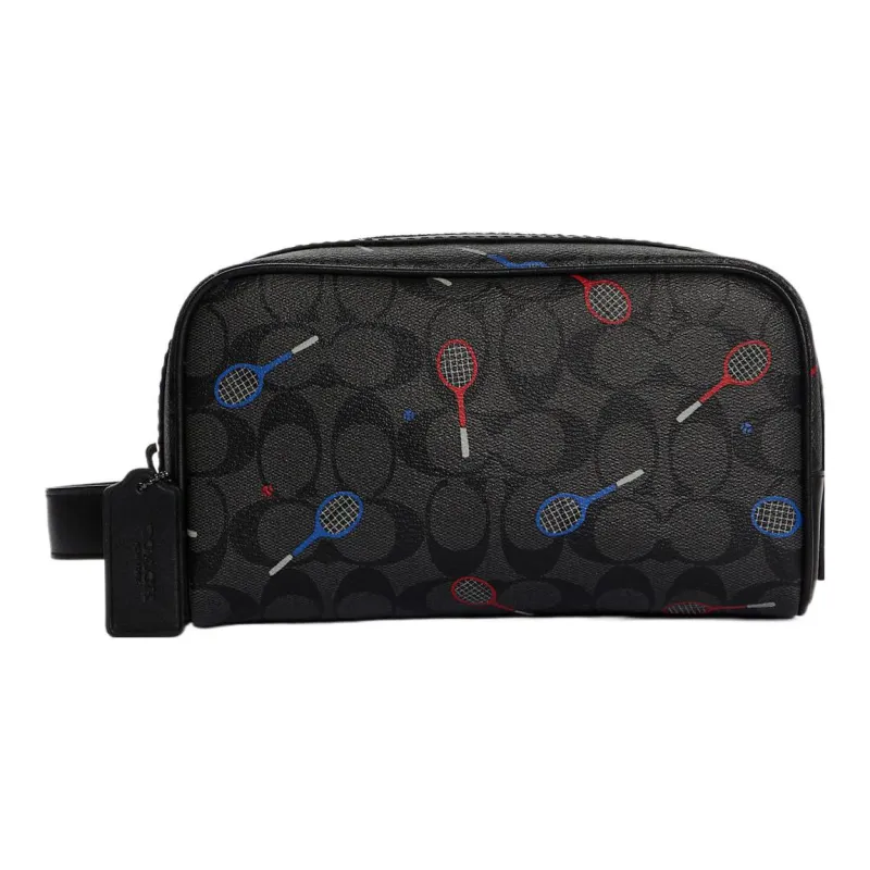COACH Canvas With Leather Makeup Bag Small Size Women's Black Gray Color-0