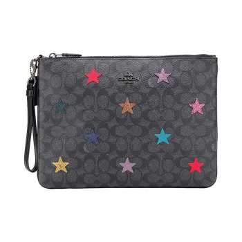 COACH Wristlet Canvas With Leather Clutch Large Size Men's Black Gray Color