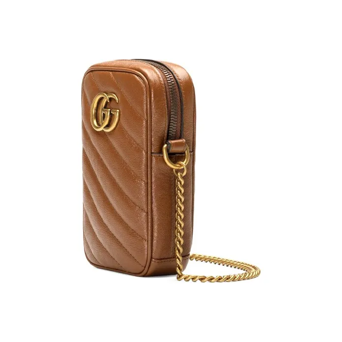 GUCCI Marmont Leather Cell Phone Pouch Chain Shoulder Bag Crossbody Bag Mini Women's Brown-1