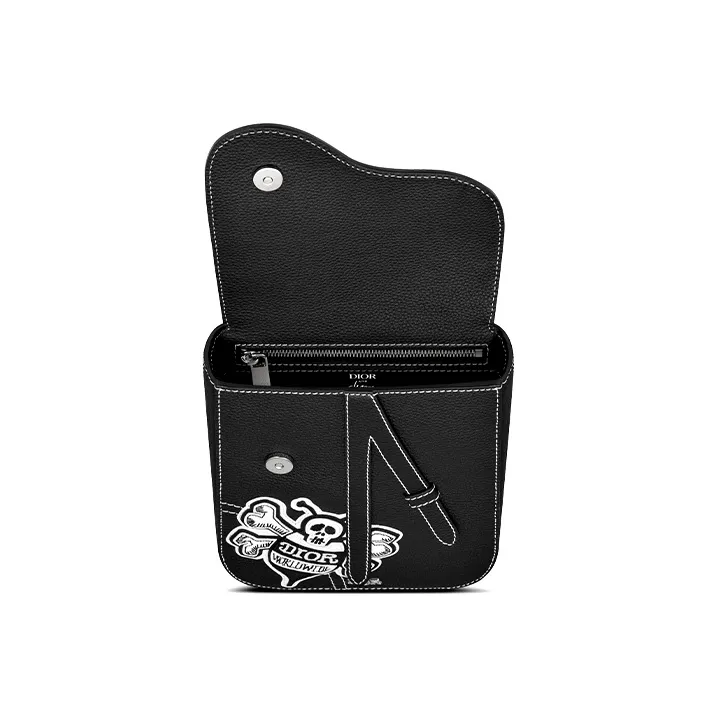 DIOR Shawn Collaboration Saddle Embroidery Crossbody Handheld Sling Bag Men's Black-3