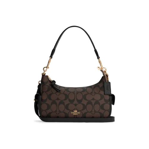 COACH Pennie Canvas With Leather Shoulder Bag Crossbody Bag Handbag Medium Size Women's Dark Brown