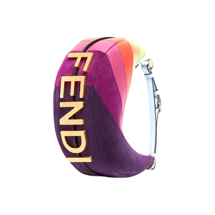 FENDI Patchwork Leather Crescent Bag, Shoulder Bag, Handbag Women's Fuchsia Multicolor-2
