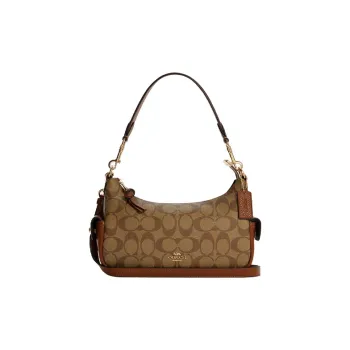 COACH Pennie Canvas With Leather Shoulder Bag, Portable Crossbody Bag Women's Khaki