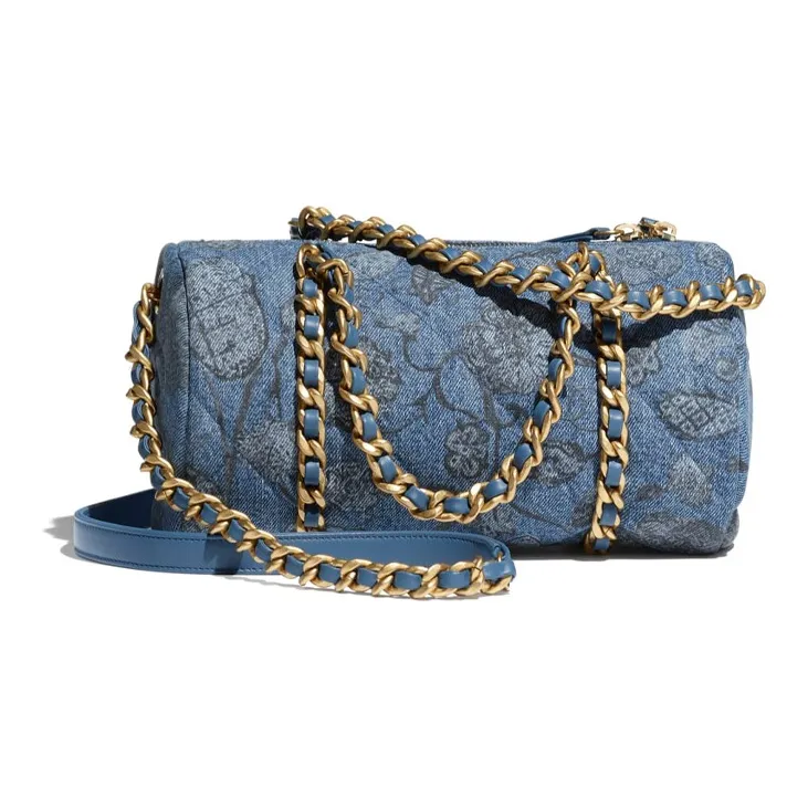 CHANEL Printed Denim Bowling Bags, Handbag, Shoulder Bag, Crossbody Bag Women's Blue/White/Gray-1