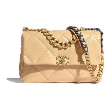 CHANEL 19Bag Shiny Goatskin Metal Lipstick Bag Handbag Shoulder Bag Crossbody Bag Women's Beige