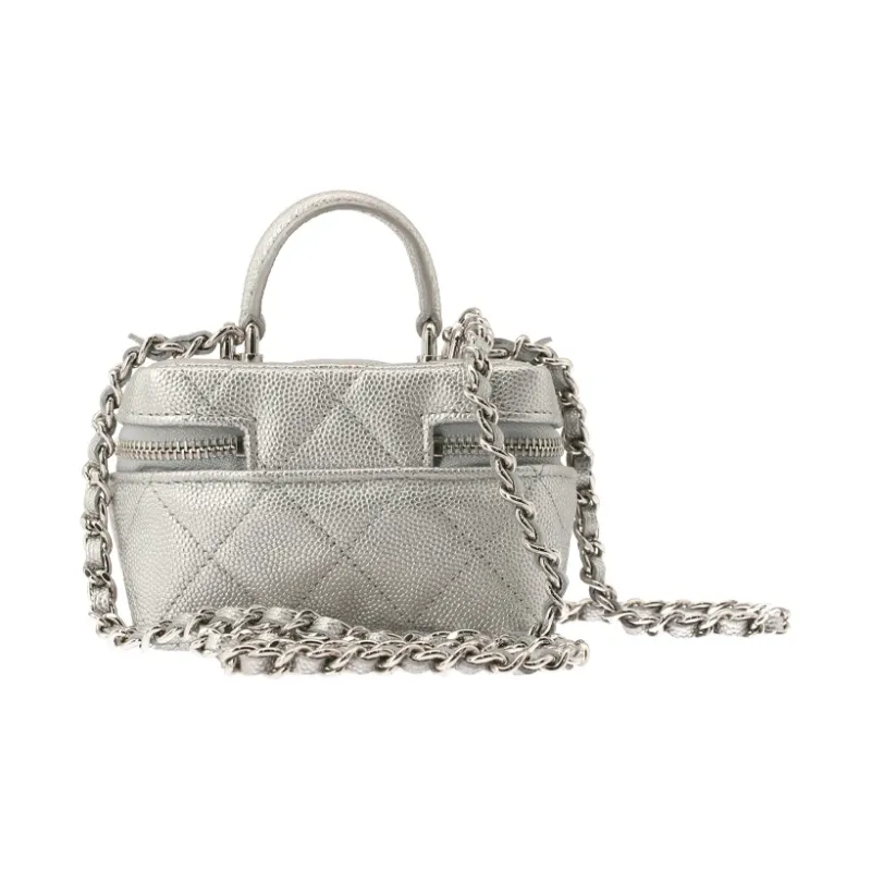 CHANEL Litchi Grain Cow Leather Box Bag, Handbag, Shoulder Bag, Crossbody Bag Trumpets Women's Silver-4