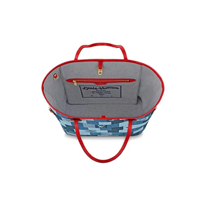 LOUIS VUITTON Neverfull Mm Denim Monogram Check Blue/Red-3
