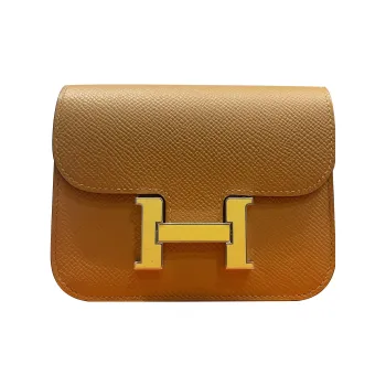 HERMES Constance Slim Epsom Calfskin Wallet Coin Purse Fanny Pack Women's Sesame Color With Lemon