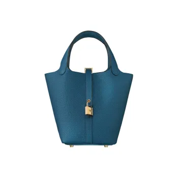 HERMES Clemence Bullock Leather Basket Bag Handbag Bucket Bag 18 Women's S4 Deep Blue Dark Blue