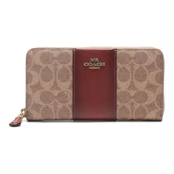 COACH Accordion Zip Canvas With Leather Canvas Bag Hand-Operated Accordion Wallet Women's Brown Multicolor Monogram