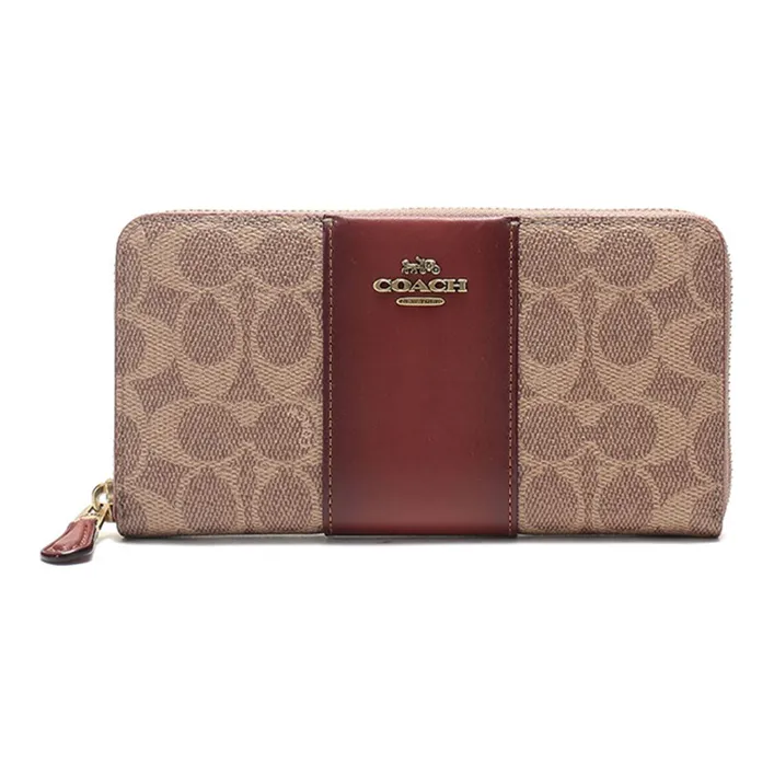 COACH Accordion Zip Canvas With Leather Canvas Bag Hand-Operated Accordion Wallet Women's Brown Multicolor Monogram-0