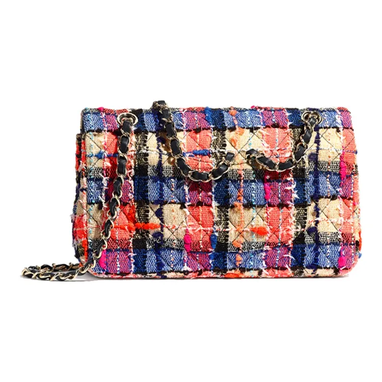 CHANEL Classic Flap CF Tweed Shoulder Bag Women's Blue & Beige & Orange-1