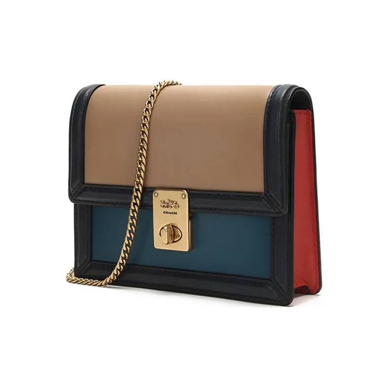 COACH Calfskin Small Square Bag Chain Shoulder Bag Crossbody Bag Fanny Pack Regular Women's Lake Blue Orange-1