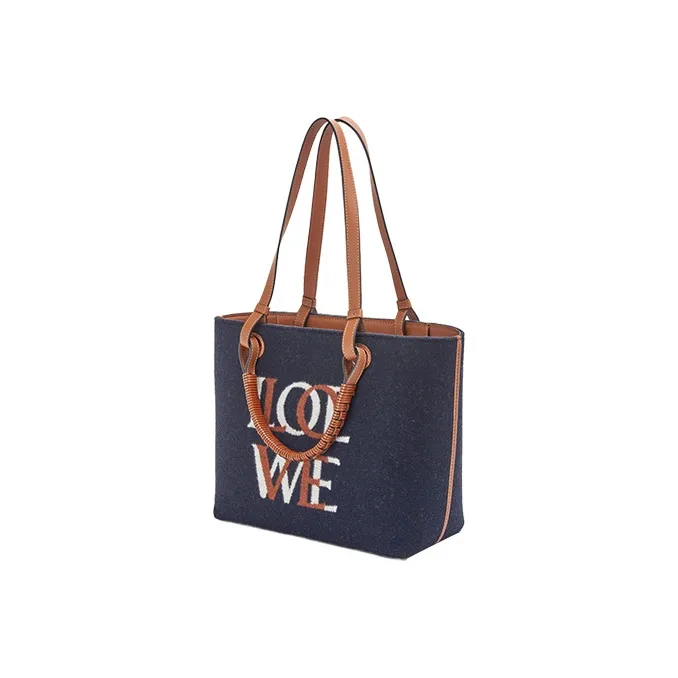 LOEWE Anagram Wool/Calfskin Tote Bag, Shopping Bag, Shoulder Bag, Handbag Women's Marine Blue/Tan-1