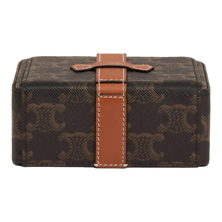 CELINE Triomphe Canvas With Leather Jewelry Box, Toiletry Bag, Makeup Bag, Makeup Case Trumpets Unisex Tawny-2