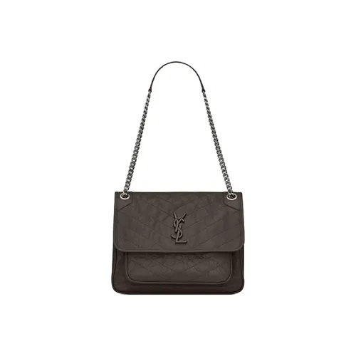 SAINT LAURENT Niki Leather Hobo Bag Shoulder Bag Crossbody Bag Medium Size Women's Gravel Gray With Khaki Accents